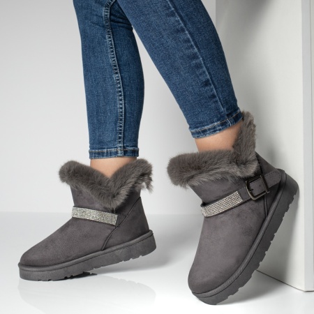 Cizme dama, Cizme dama scurte cu blanita si catarama gri suede MOD10704, modlet.ro