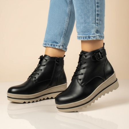 Ghete dama cu siret si talpa groasa negre din Piele naturala MOD14003, 4, modlet.ro