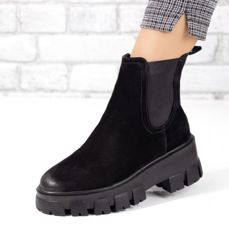 Ghete dama cu talpa groasa negru suede din Piele naturala MOD05383