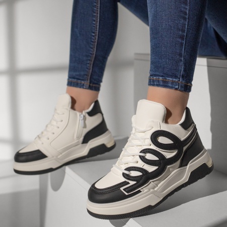 REDUCERI INCALTAMINTE, Ghete sport dama cu fermoar alb cu negru MOD10857, modlet.ro