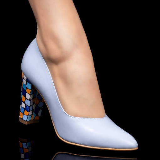 Pantofi cu toc, Pantofi albastri dama cu toc multicolor din Piele naturala ZEF03561 - zeforia.ro