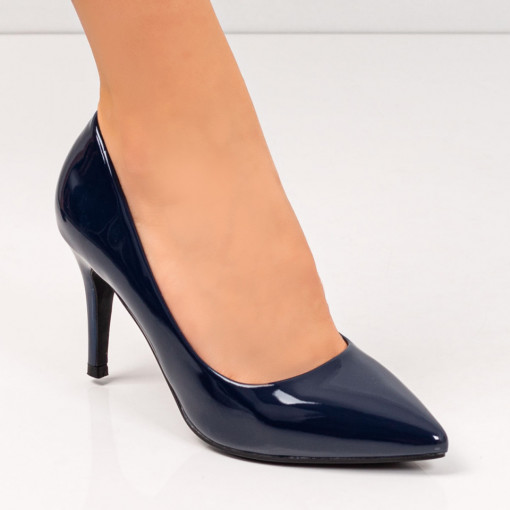 Pantofi albastri dama Stiletto cu toc subtire si aspect lacuit MDL05451