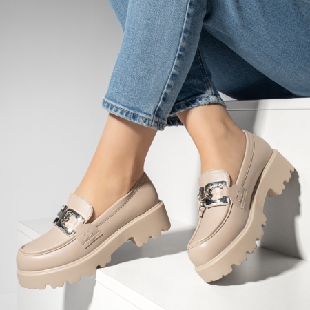 Pantofi dama, Pantofi casual cu talpa groasa si accesoriu metalic bej MOD13247, modlet.ro