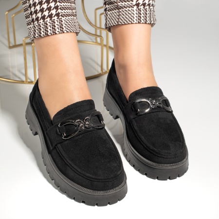 Pantofi casual dama cu accesoriu metalic negru suede ZEF12989, 2, zeforia.ro