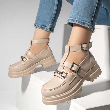 Pantofi dama, Pantofi casual dama cu bareta si tapla groasa bej MOD13250, modlet.ro