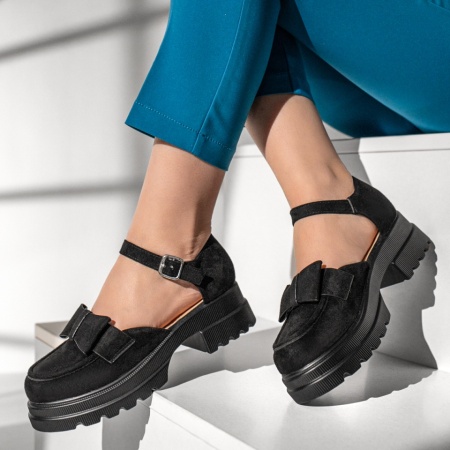 Pantofi casual dama cu fundita si bareta negru suede MOD13013, 2, modlet.ro