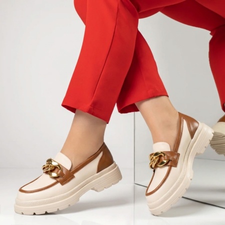 Pantofi casual dama cu lant decorativ bej cu maro MOD03093, 3, modlet.ro