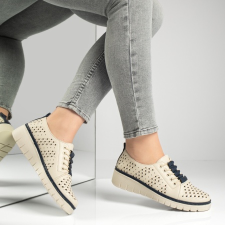 Pantofi casual dama cu perforatii bej cu albastru ZEF13155, 2, zeforia.ro