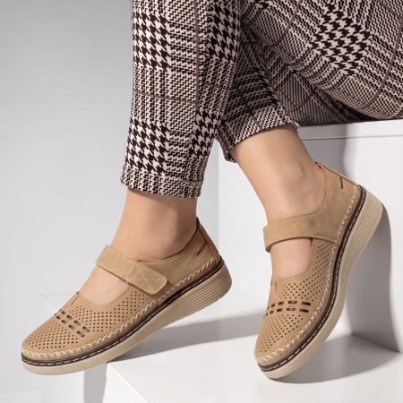 Pantofi casual dama cu perforatii si inchidere cu scai khaki EVA96, 2, modlet.ro