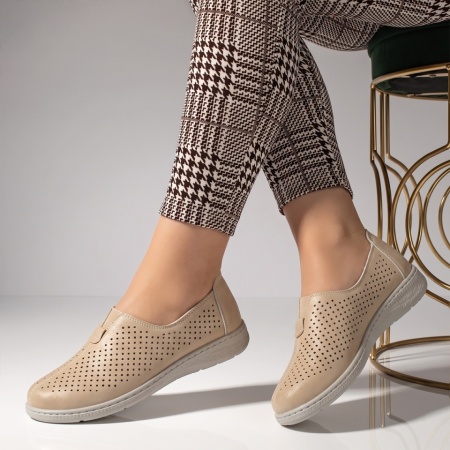 Pantofi casual dama cu perforatii si talpa joasa bej EVA100, 2, modlet.ro