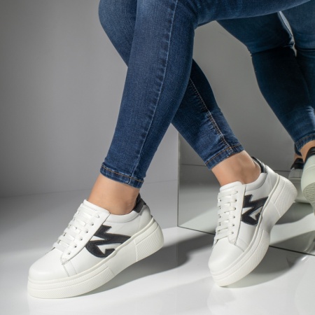Pantofi casual dama cu talpa groasa albi cu negru din Piele naturala MOD08731, 3, modlet.ro