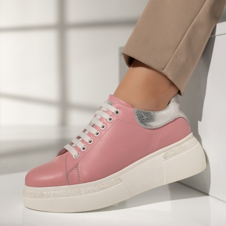 Pantofi casual dama, Pantofi casual dama cu talpa groasa roz din Piele naturala MOD08254, modlet.ro