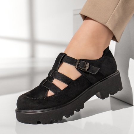 Pantofi dama, Pantofi casual dama cu talpa groasa si bareta negru suede MOD13092, modlet.ro