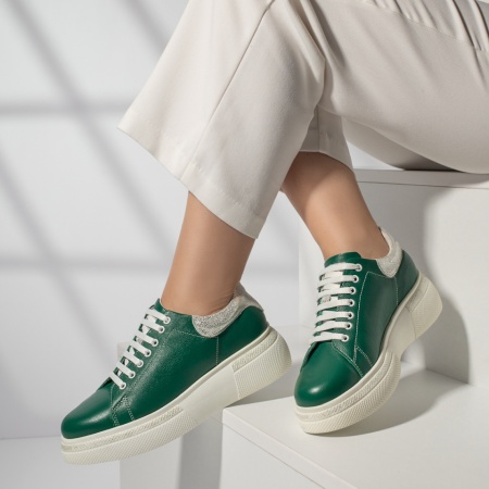 Pantofi dama, Pantofi casual dama cu talpa groasa verzi din Piele naturala MOD08254, modlet.ro