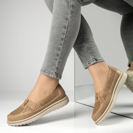 Pantofi casual dama cu talpa joasa si perforatii khaki ZEF13167