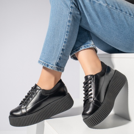 Pantofi casual dama negri cu talpa groasa din Piele naturala MOD12740, 2, modlet.ro