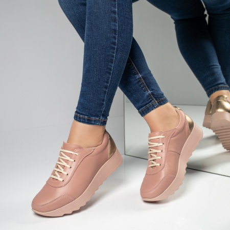 Incaltaminte dama, Pantofi casual dama nude cu auriu din Piele naturala ZEF00430, zeforia.ro