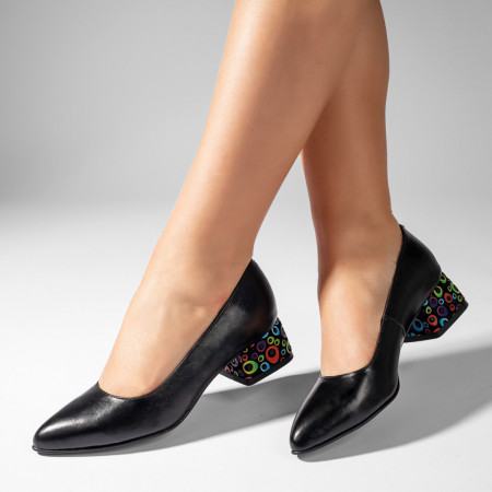 Pantofi cu toc dama negri cu print din Piele naturala MOD11001, 2, modlet.ro