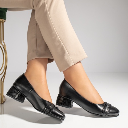 Pantofi cu toc dama si imprimeu negri din Piele naturala MOD12046, 4, modlet.ro