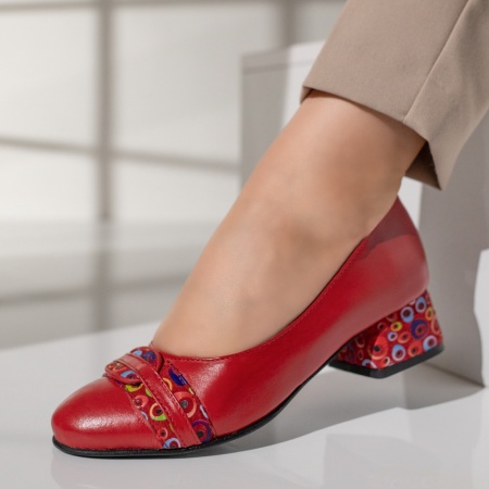 Pantofi cu toc dama si imprimeu rosii din Piele naturala MOD12046, 2, modlet.ro