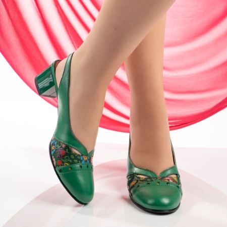 Pantofi cu toc dama si imprimeu verzi din Piele naturala MOD13287, 3, modlet.ro