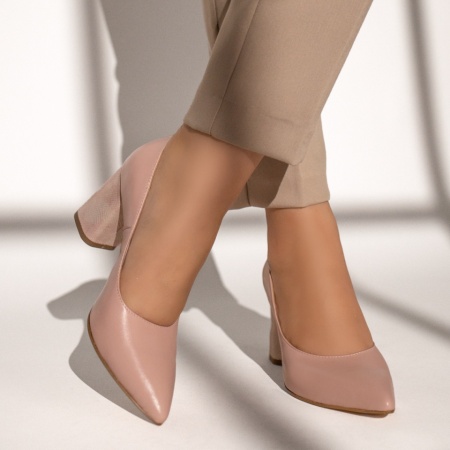Pantofi cu toc dama si print roz deschis din Piele naturala MOD12047, 2, modlet.ro