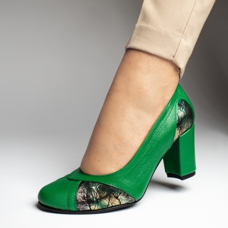 Pantofi dama, Pantofi cu toc gros dama verzi din Piele naturala MOD13084, modlet.ro