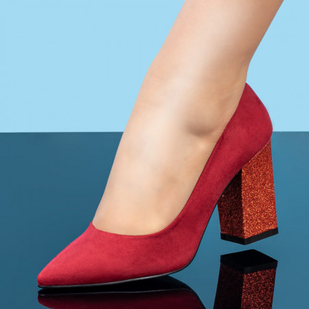 Pantofi dama, Pantofi cu toc gros dama visinii suede glitter MOD08378, modlet.ro