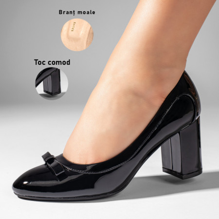 Pantofi cu toc gros dama, Pantofi cu toc gros negri luciosi MOD10986, modlet.ro