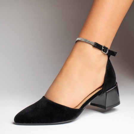 Pantofi cu toc gros si bareta negri suede MOD12760, 1, modlet.ro