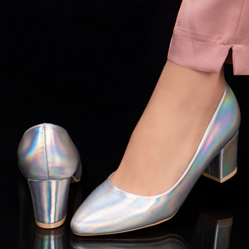 Pantofi cu toc mediu gros dama argintii MDL03690