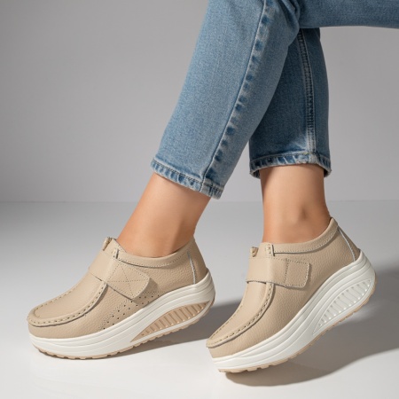 Pantofi dama, Pantofi dama casual cu platforma din Piele naturala bej MOD03866, modlet.ro
