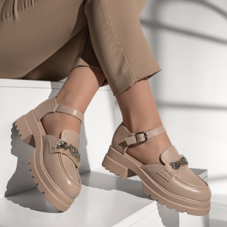 Pantofi dama cu bareta si aplicatii cu pietre bej MOD13014, 3, modlet.ro
