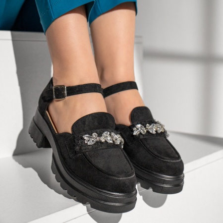 Pantofi dama cu bareta si aplicatii cu pietre negru suede MOD13014, 4, modlet.ro