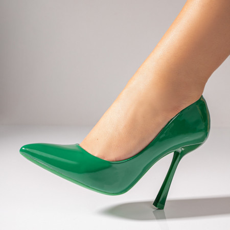 Pantofi dama, Pantofi dama cu toc conic si aspect lacuit verde ZEF07812 - zeforia.ro