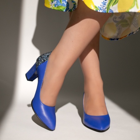 Pantofi dama, Pantofi dama cu toc gros albastri din Piele naturala MOD06142, modlet.ro