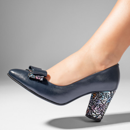 Pantofi cu toc, Pantofi dama cu toc gros albastri din Piele naturala ZEF03560 - zeforia.ro