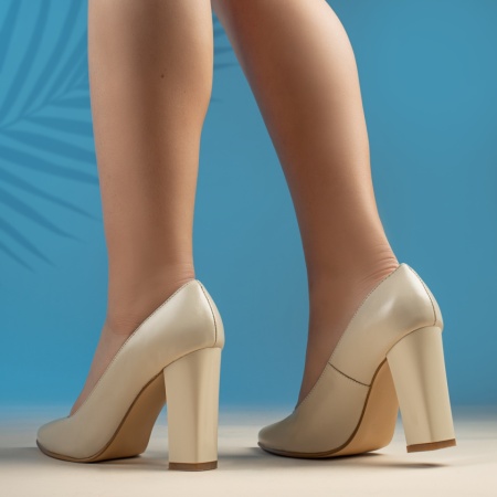 Pantofi dama cu toc gros bej din Piele naturala ZEF13475, 2, zeforia.ro