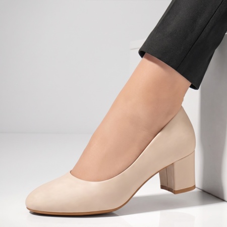 Pantofi dama cu toc gros bej din satin INA26, 2, modlet.ro