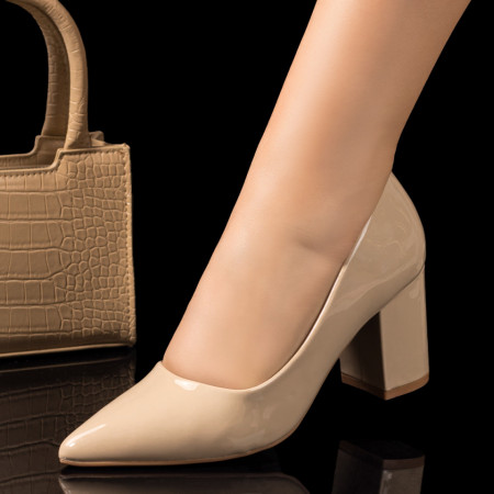 Pantofi dama, Pantofi dama cu toc gros bej luciosi MOD06134, modlet.ro