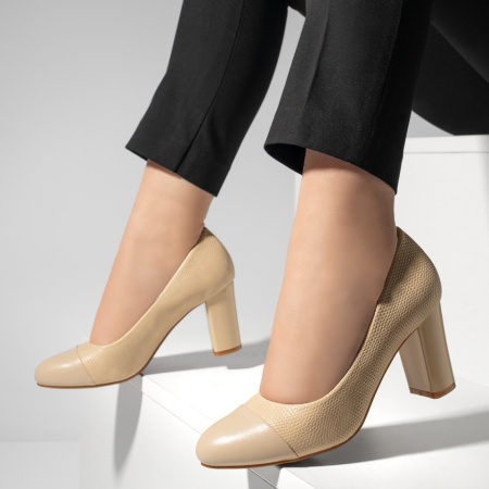 Pantofi dama, Pantofi dama cu toc gros bej MOD12892, modlet.ro