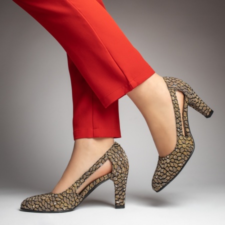 Pantofi dama, Pantofi dama cu toc gros khaki cu imprimeu din Piele naturala MOD13129, modlet.ro