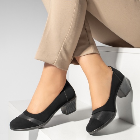 Pantofi dama cu toc gros negru suede MOD13254, 3, modlet.ro