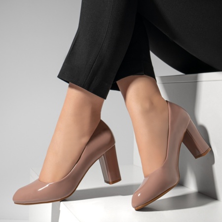 Pantofi dama, Pantofi dama cu toc gros nude luciosi MOD02836, modlet.ro