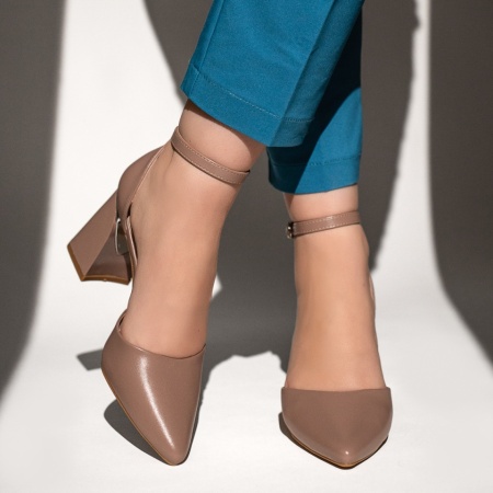 Pantofi dama cu toc gros si bareta bej inchis MOD13101, 4, modlet.ro