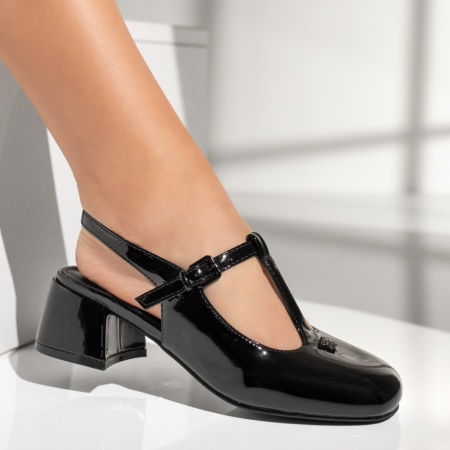 Pantofi dama cu toc gros si bareta negri ZEF13515
