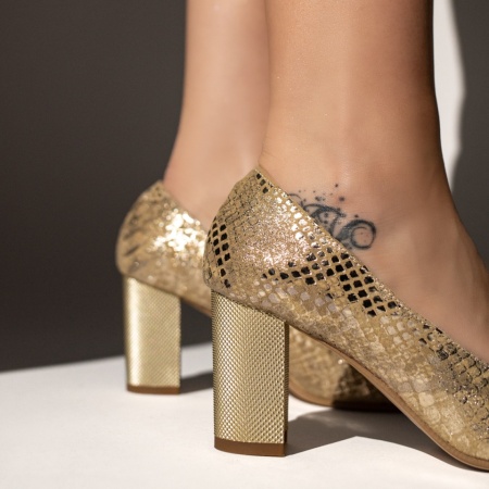 Pantofi dama cu toc gros si imprimeu aurii din Piele naturala ZEF13484, 4, zeforia.ro