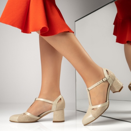 Pantofi dama cu toc gros si imprimeu bej din Piele naturala MOD13600, 2, modlet.ro