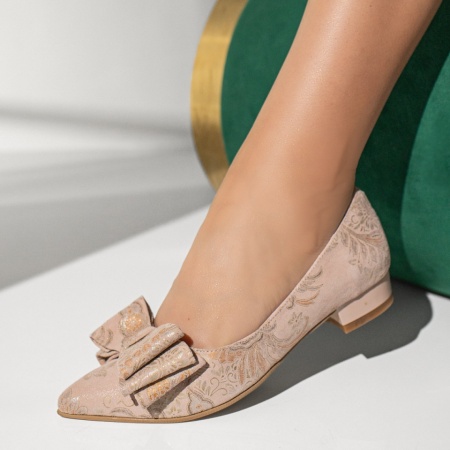 Pantofi cu toc mic dama, Pantofi dama cu toc gros si imprimeu bej din Piele naturala ZEF13598, zeforia.ro