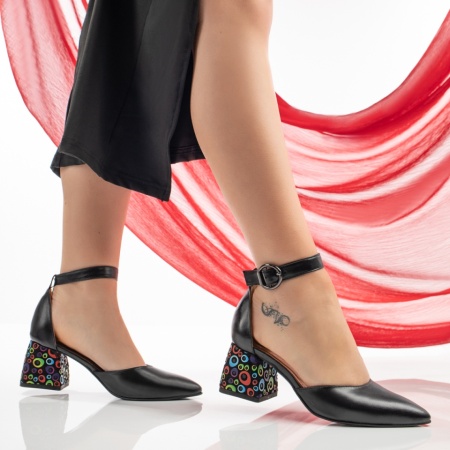 Pantofi cu toc gros dama, Pantofi dama cu toc gros si imprimeu negri din Piele naturala MOD11066, modlet.ro